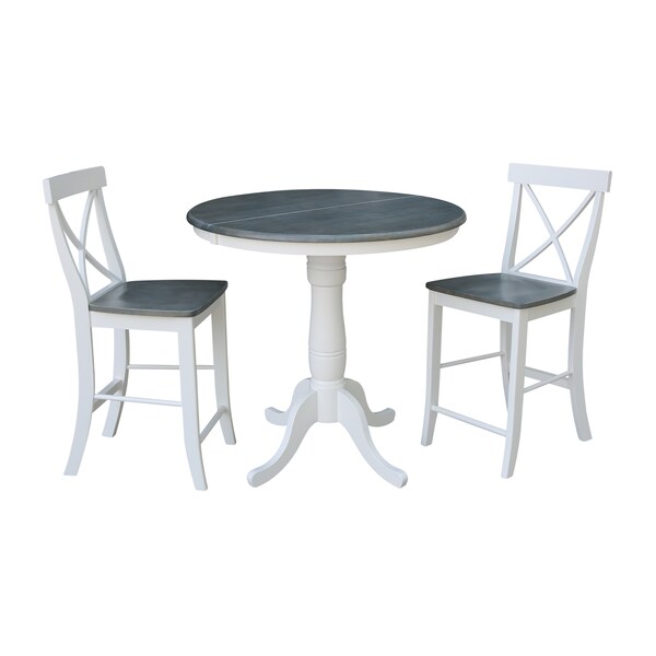 International Concepts Round 36 in Rd Extend Dining Table, 2 X-back Stools, White/Heather Gray, 36 W, 48 L, 35.3 in H, Wood K05-36RXT-6B-S6132-2 - main
